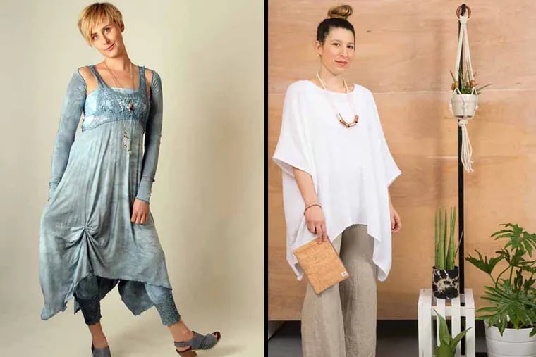 (Left) Kareena Dress Modal knit $167/ Fae Sleeves Modal Knit $64 from the Sprin Collection. Credit: Joanne Litz of Steel Pony. (Right) The Relaxed Top  designed by Christie Sommers and her company, West Oak Design. Credit: Madeline Tolle