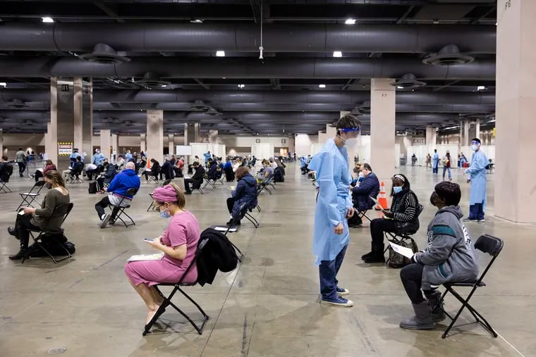 In January, mass vaccination sites like this one at the Pennsylvania Convention Center in Philadelphia were packed. Whether such now-shuttered sites will be reopened for booster shots is unclear.