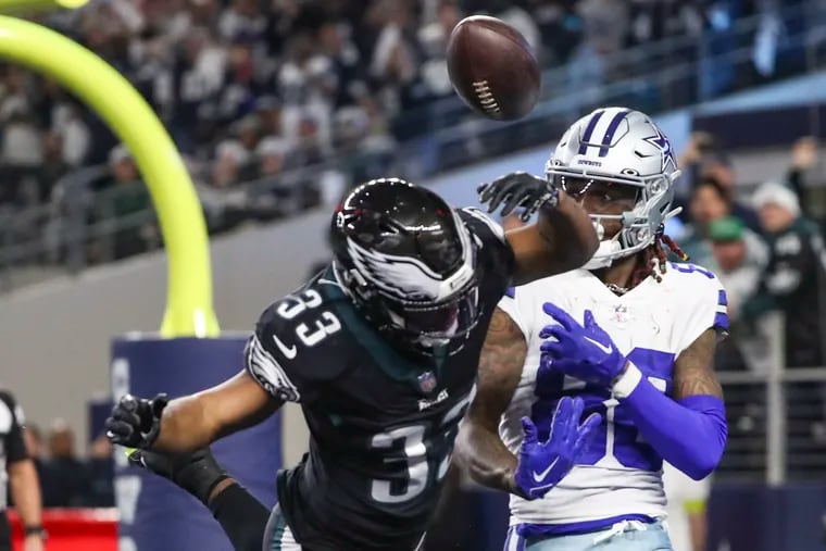 Eagles cornerback Josiah Scott breaks up a pass intended for Dallas Cowboys wide receiver CeeDee Lamb on Sunday. Scott is expected to see an increased workload with Avonte Maddox and C.J. Gardner-Johnson out Sunday.