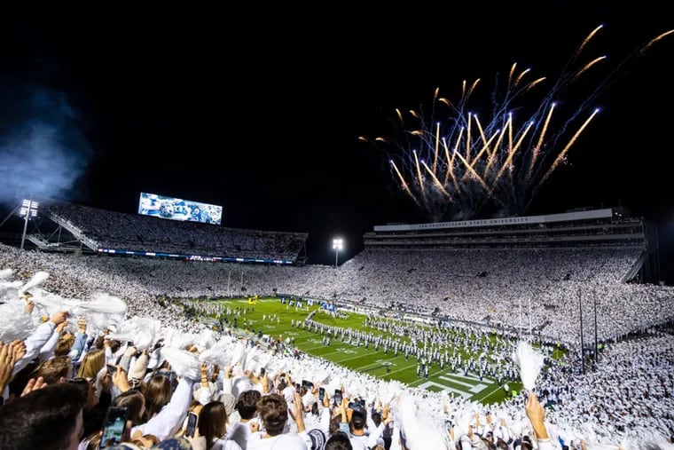 The crowd before a White Out game between the Penn State Nittany Lions and the Michigan Wolverines on Oct. 19, 2019, at Beaver Stadium in University Park, Pa.