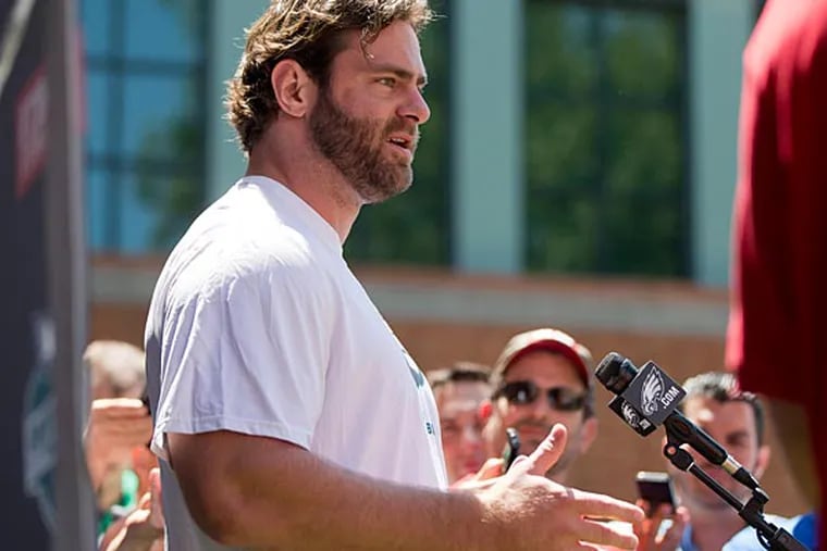 Evan Mathis speaks with members of the media at NFL football training camp, Friday, July 25, 2014, in Philadelphia. (AP Photo)