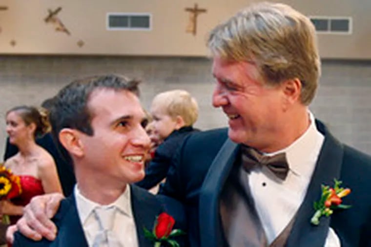 &quot;Hello, son.&quot; Father of the bride Roger Gloetzner, welcomed Nicholas to the family after the wedding ceremony.