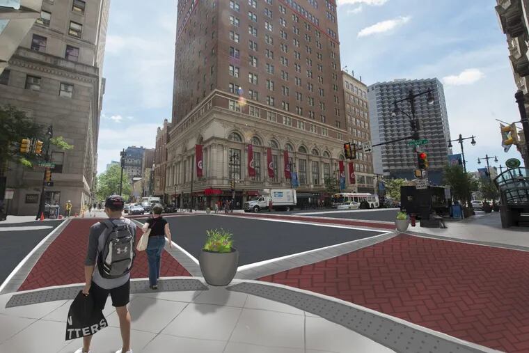 Philadelphia’s Streets Department is building three curbless instersections on South Broad Street to increase pedestrian safety. The crosswalks will be finished with stamped red asphalt in a brick pattern.