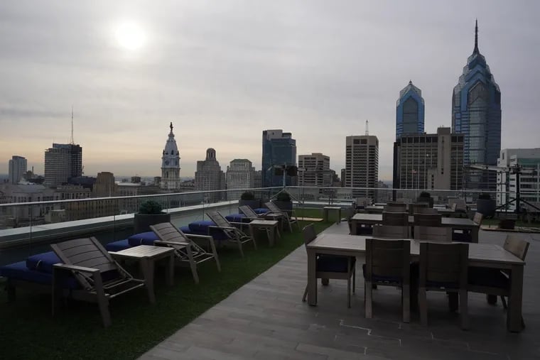 A view of the skyline from the roof deck at the Franklin Tower in Philadelphia, Pa., on December 21, 2021.