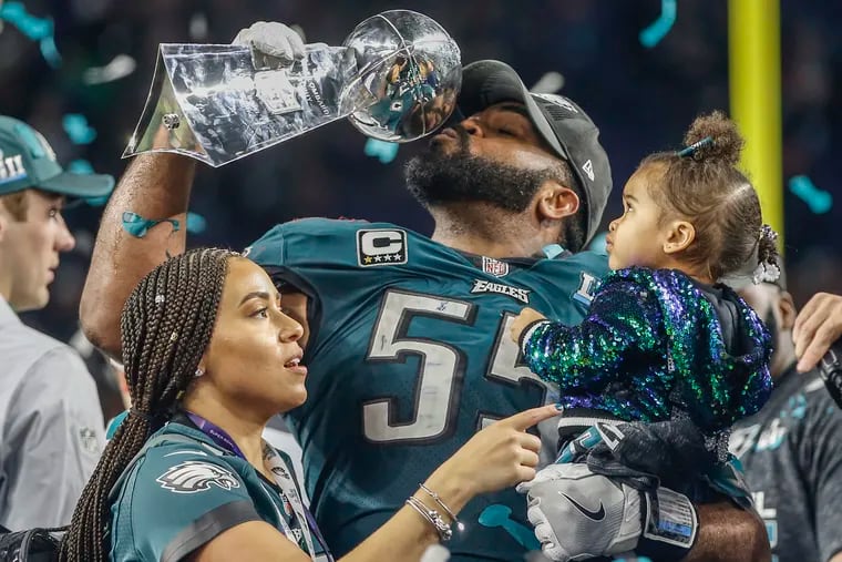 Brandon Graham after Super Bowl LII with his wife Carlyne and daughter Emerson Abigail.