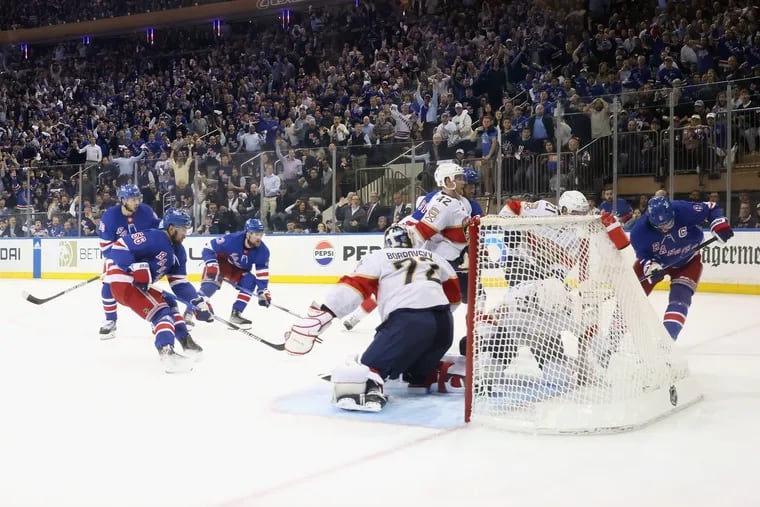 The Florida Panthers defend against the New York Rangers in Game One of the Eastern Conference Final of the 2024 Stanley Cup Playoffs at Madison Square Garden on May 22, 2024 in New York City. (Photo by Bruce Bennett/Getty Images)