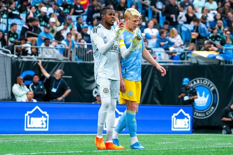 Andre Blake (left), Jakob Glesnes, and the Union will visit Charlotte FC and its artificial turf surface on Wednesday night.