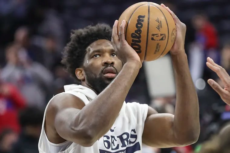 Philadelphia 76ers center Joel Embiid during shootaround before a game against the Dallas Mavericks at the Wells Fargo Center in Philadelphia on Wednesday, March 29, 2023.