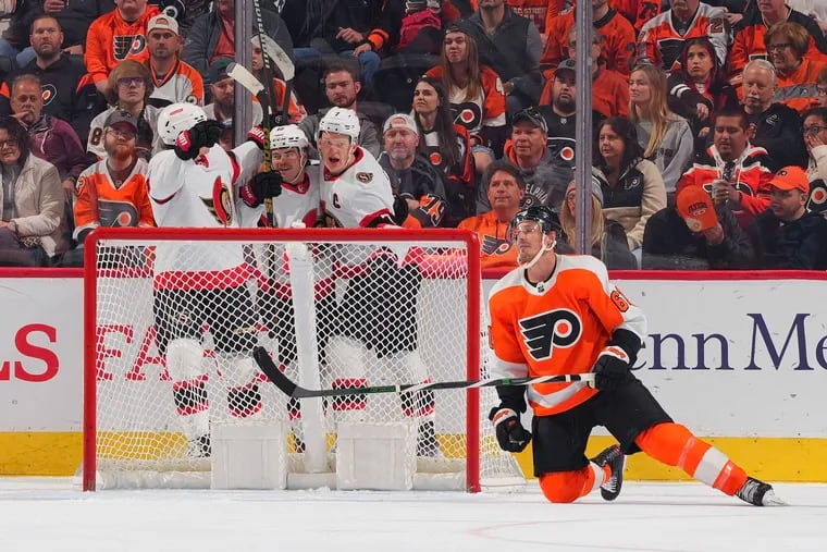Flyers defenseman Justin Braun looks on after the team surrendered a goal in a 4-1 loss to the Ottawa Senators on Saturday.