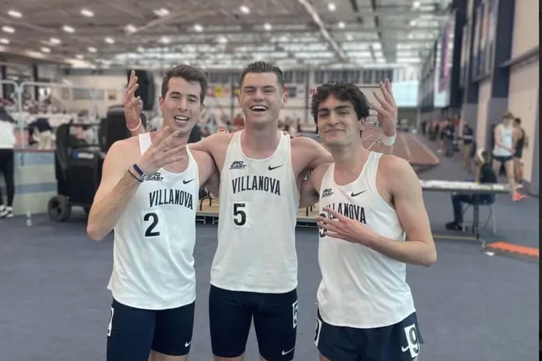 From left to right: Villanova's Sean Dolan, Charlie O'Donovan and Liam Murphy celebrate after all three broke 4:00 in the mile at Penn State on Jan. 29.