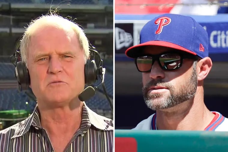 Phillies announcer Larry Anderson (left) was critical of manager Gabe Kapler and the team after watching them get swept by the Florida Marlins at Citizens Bank Park over the weekend.