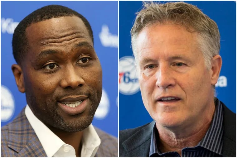 Elton Brand, left, is the Sixers' new general manager, but will he or coach Brett Brown, right, have final say on personnel decisions?