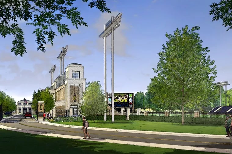Architectrual rendering of the planned Abessinio Stadium. Funded with a $16 million gift to neighboring Salesianum School from banker Rocco Abessinio, who graduated from the nearby high school 59 years ago, it will replace worn Baynard Stadium in a park in Wilmington, Del., and will be operated by the school and available to other teams and community groups under a long-term city lease