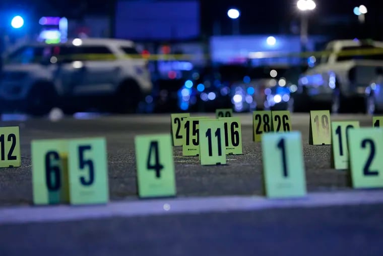 At least 34 shell casings scattered on Lehigh Avenue near 16th Street in North Philadelphia on Sept. 30, 2021. A 12-year-old girl was wounded and an 18-year-old man was killed in a triple shooting at that location.