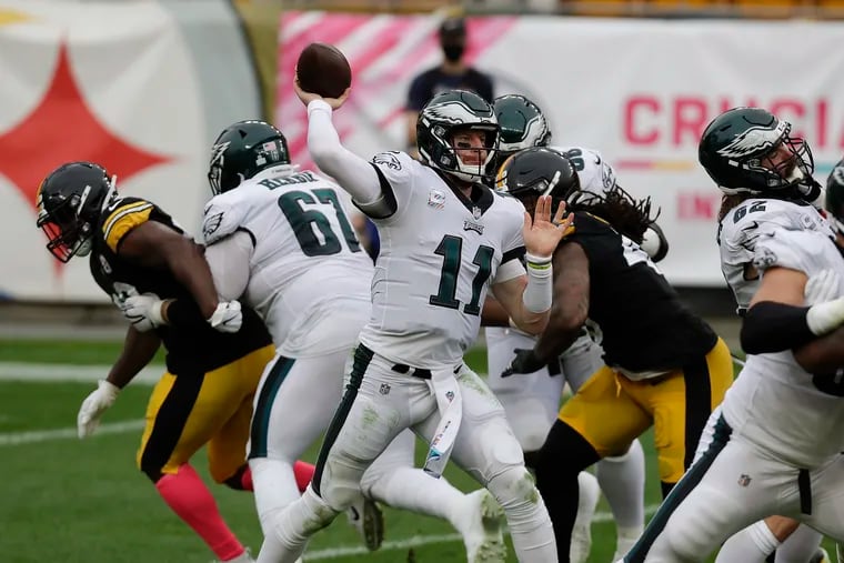 Carson Wentz (11) needs to stand tall in the pocket Sunday against the Ravens.