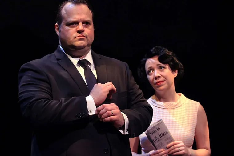 Carmella Rizzo (Amanda Schoonover) gives advice to her husband Frank Rizzo (Scott Greer) before he addresses the press in Theatre Exile's production of Rizzo by Bruce Graham.