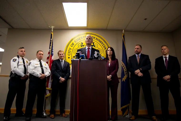 U.S. Attorney Willam M. McSwain speaks at news conference at Chester Police Department on alleged members of rival Chester drug gangs indicted Wednesday, Oct. 30, 2019.