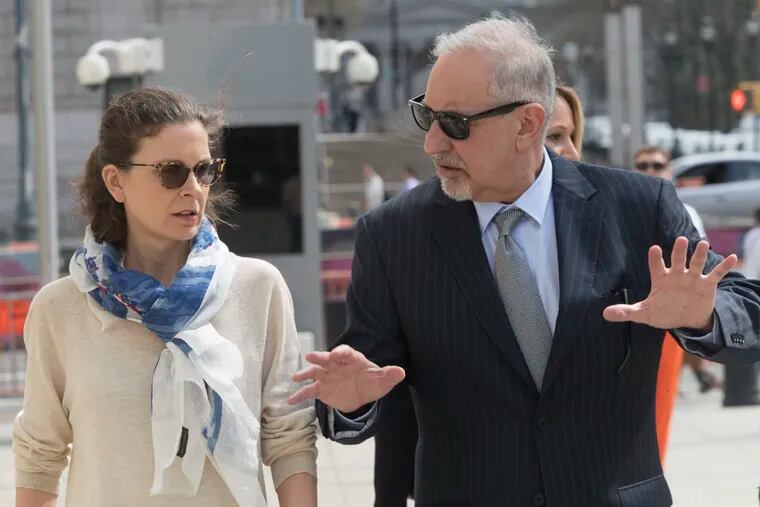 Clare Bronfman, left, arrives at Federal court with her attorney Mark Geragos in the Brooklyn borough of New York, Friday, April 19, 2019. Bronfman has pleaded guilty to charges implicating her in a sex-trafficking conspiracy case against an upstate New York self-help group. (AP Photo/Mary Altaffer)