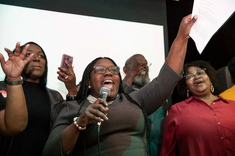 Kendra Brooks gives a speech at her results watch party for the Working Families in North Philadelphia on Tuesday, Nov. 05, 2019. Brooks is declaring victory though results are not official as of yet.