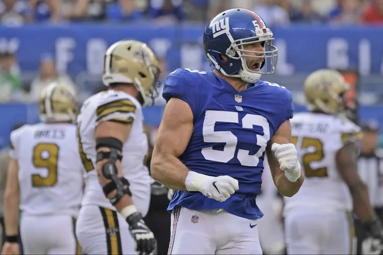 New York Giants' Connor Barwin reacts during the first half of an NFL football game against the New Orleans Saints, Sunday, Sept. 30, 2018, in East Rutherford, N.J. (AP Photo/Bill Kostroun)