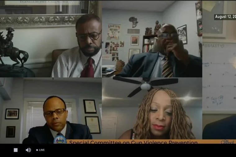 At a virtual hearing on Aug. 12, 2020, City Councilmembers Curtis Jones Jr., top left, Jamie Gauthier, bottom center, and Isaiah Thomas, right, question Theron Pride, bottom left, and Shondell Revell, top center, from the city's Office of Violence Prevention about the rise in gun violence.