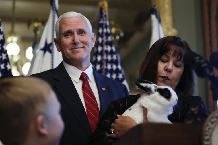 Vice President Mike Pence and his wife, Karen, holding their pet rabbit Marlon Bundo.