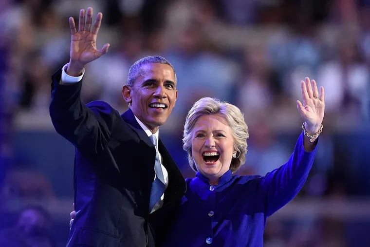 President Obama and Hillary Clinton after his speech on the third night of the DNC in Philadelphia.