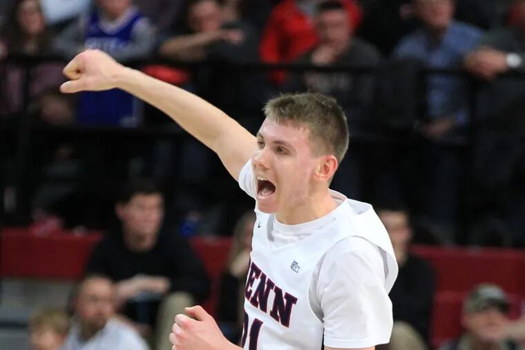 Ryan Betley of Penn after a 3-point shot against Temple during the 1st half at the Palestra on Jan 20, 2018.