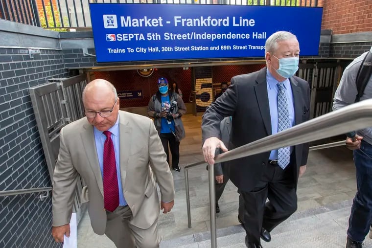 SEPTA Board Chairman Pasquale T. Deon (left) and former Philadelphia Mayor Jim Kenney exit the revamped Fifth Street / Independence Hall station after a quick tour in 2021. Deon will not return to his seat on the SEPTA board when his term ends this month.