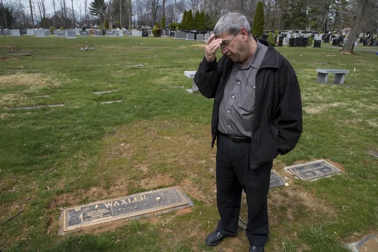 David Waxler pauses as he tells the horrid story of his mother Edna’s attempted burial in Shalom Memorial Park in Huntingdon Valley in June of 2016.