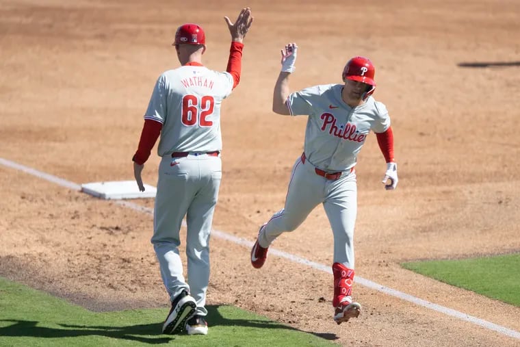 Scott Kingery rounds third after his second-inning solo home run on Saturday. Kingery is one of three Phillies who homered and among five who recorded a multi-hit game.