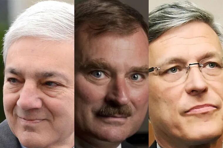 (From left to right) Graham Spanier, Gary Schultz and Tim Curley are scheduled to return to a Harrisburg courtroom Tuesday for a hearing that could shape the outcome of the case. They face charges that they were complicit in a cover-up that permitted Sandusky to continue to prey on boys even after he was caught raping one in a Penn State locker-room shower.