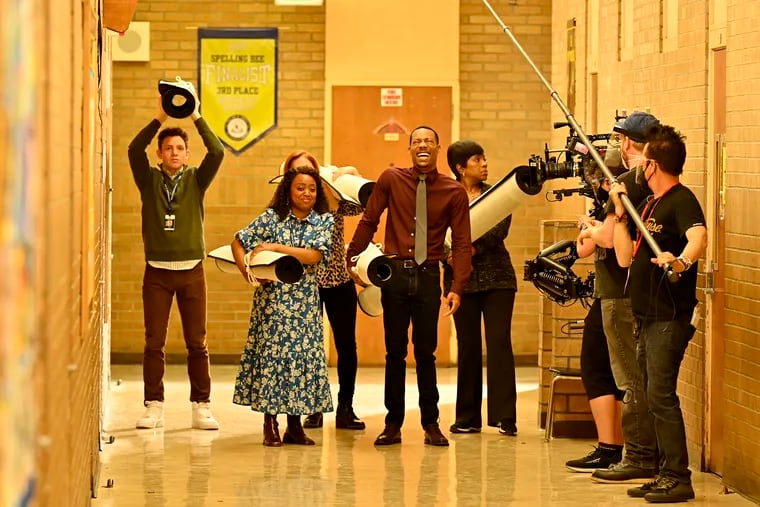 (From left) Chris Perfetti, Quinta Brunson, Tyler James Williams, and Sheryl Lee Ralph shoot the pilot of "Abbott Elementary."