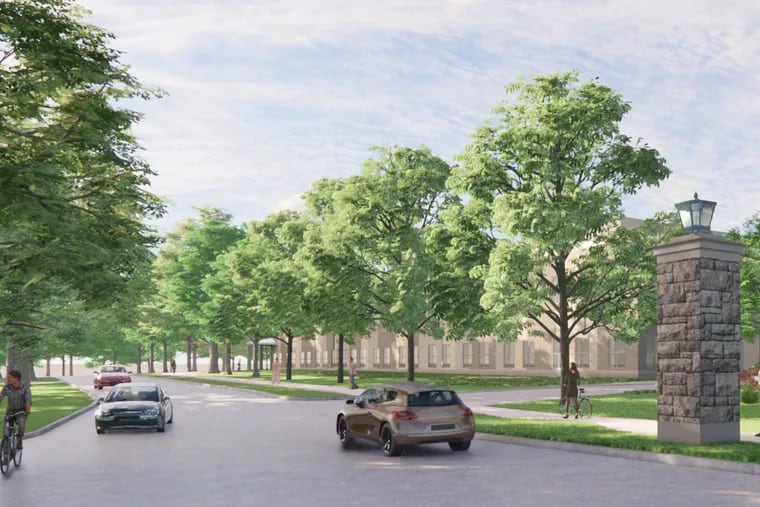A rendering of what the new health center would look like, screened by trees, from the entrance to the Friends Hospital campus on Roosevelt Boulevard.