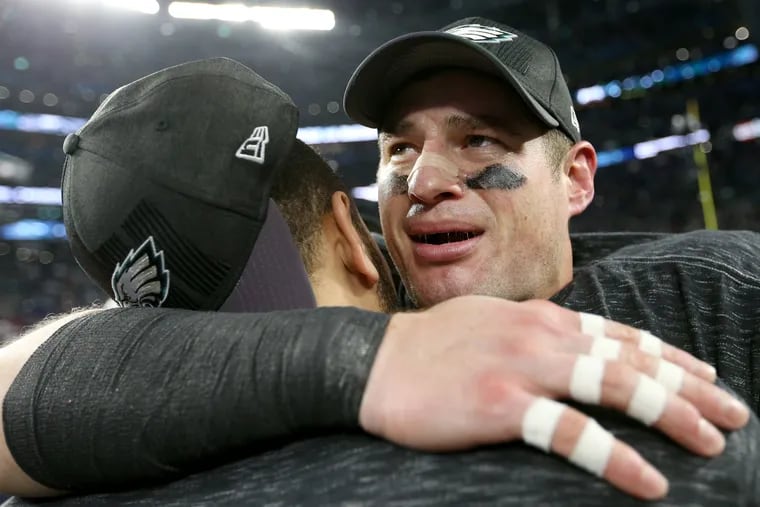 Eagles tight end Brent Celek becomes emotional as he celebrates after Super Bowl LII, at U.S. Bank Stadium in Minneapolis, Minnesota, Sunday, Feb. 4, 2018. The Eagles won 41-33. TIM TAI / Staff Photographer