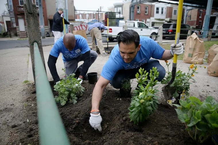 File: Volunteers Carnell Thomas, left, and Ahsan Moghaddas plant native shrubs at an entrance to Harrowgate Park in Philadelphia as part of the Philadelphia Resilience Project's cleanup day on Saturday, May 4, 2019. City workers and volunteers worked to clean up trash, seal vacant properties, and beautify parks in the area.
