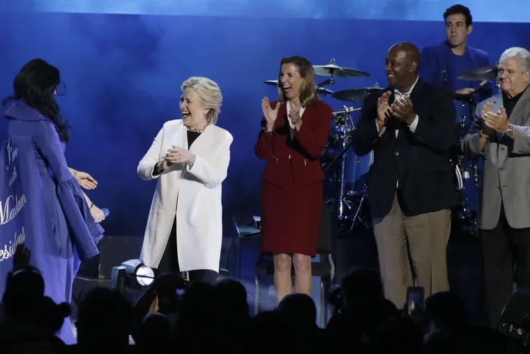 Hillary Clinton with Katy Perry (left) and Democratic supporters at a concert at the Mann Center for Performing Arts. &quot;I admire so many things about Hilly C,&quot; Perry said before performing her anthem, &quot;Roar.&quot;