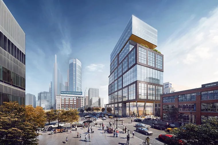 Artist's rendering of an office tower planned at 23rd and Market Streets, seen here looking east toward existing Center City skyline.