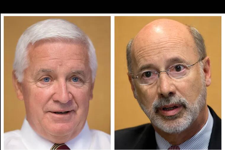 In this combination of 2014 photos Pennsylvania gubernatorial candidates Republican Gov. Tom Corbett, left, and Democrat Tom Wolf are shown in Philadelphia. (AP Photo/Matt Rourke)