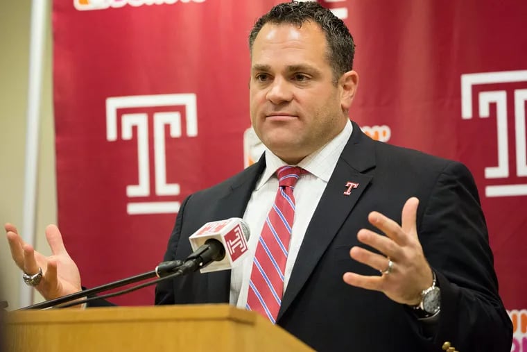 Temple Athletic Director Dr. Patrick Kraft, speaks during a press conference to announce that Temple's Head Football Coach Matt Rhule is leaving Temple for the head caoching job at Baylor, at the Liacouras Center, in Philadelphia, December 6, 2016. JESSICA GRIFFIN / Staff Photographer