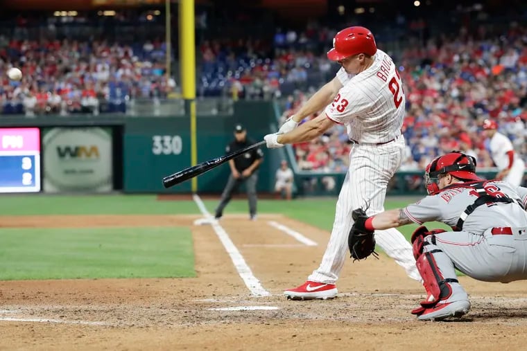 Phillies Jay Bruce hits a two run fifth-inning home run against the Cincinnati Reds on Friday, June 7, 2019 in Philadelphia.
