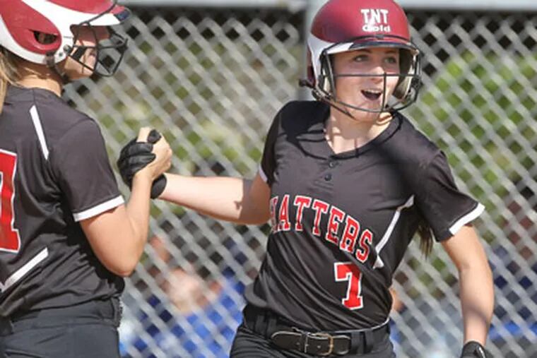 Hatboro-Horsham's Jackie DiPietro, right, is congratulated by Valerie
Sadowl after scoring. ( Charles Fox / Staff Photographer )