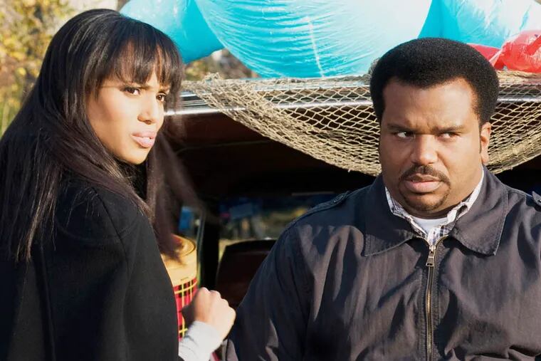 This undated publicity photo released by Lionsgate shows, Kerry Washington, left, as Grace Peeples and Craig Robinson as Wade Walker in a scene from the film, Tyler Perry Presents "Peeples."  (AP Photo/Lionsgate, Nicole Rivelli)