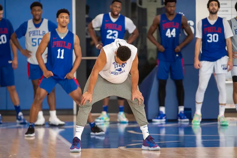 Ben Simmons takes the floor during practice on Monday, Oct. 18, 2021., at the Seventy Sixers Practice Facility in Camden, N.J.