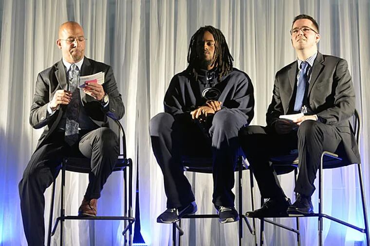 Penn State football coach James Franklin, new recruit Paris Palmer and
player development director P.J. Mullen discuss Palmer's background,
during signing day events Wednesday, Feb. 4, 2015, in State College,
Pa. (AP Photo/York Daily Record/Sunday News, Chris Dunn)