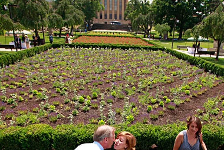 Philadelphia Museum of Art director Timothy Rub greeting Carol LeWitt, widow of Sol LeWitt, and Lewitt&rsquo;s daughter Sofia, after the dedication Thursday of the long-planned Sol LeWitt Garden, which is four huge rectangles of pure color outside the museum.  DAVID SWANSON / Staff Photographer