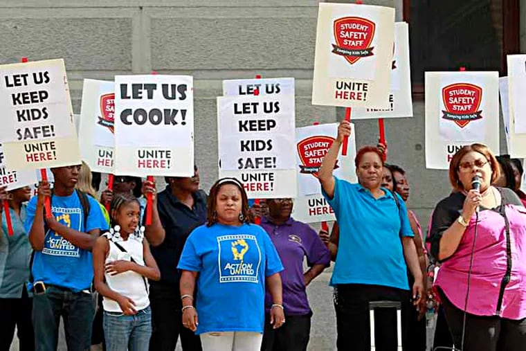 Nicole Hunt from Unite Here Local 634 is speaking in front of the City Hall about concern of Students Safety Staff cut at Philadelphia School district. ( AKIRA SUWA  /  Staff Photographer )