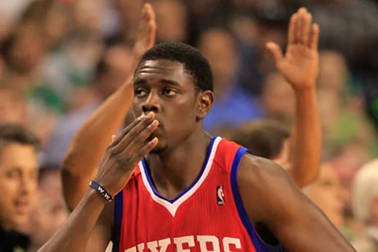 Sixers Jrue Holliday throws the celtics fans a kiss after a three in fourth quarter. Philadelphia Sixers vs Boston Celtics in the two game of the second round of NBA Eastern Division playoffs on Monday, May 14, 2012 at TD Garden.  ( RON CORTES / Staff Photographer ).