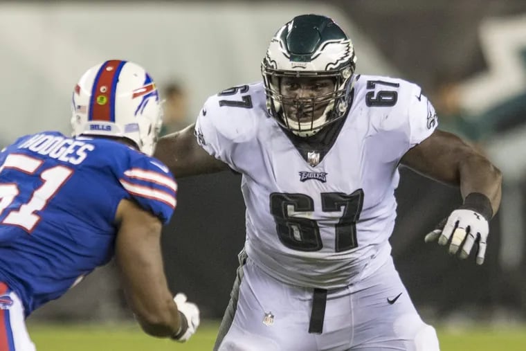 Eagles guard Chance Warmack prepares to make a block in the game against the Bills at Lincoln Financial Field August 17, 2017. CLEM MURRAY / Staff Photographer