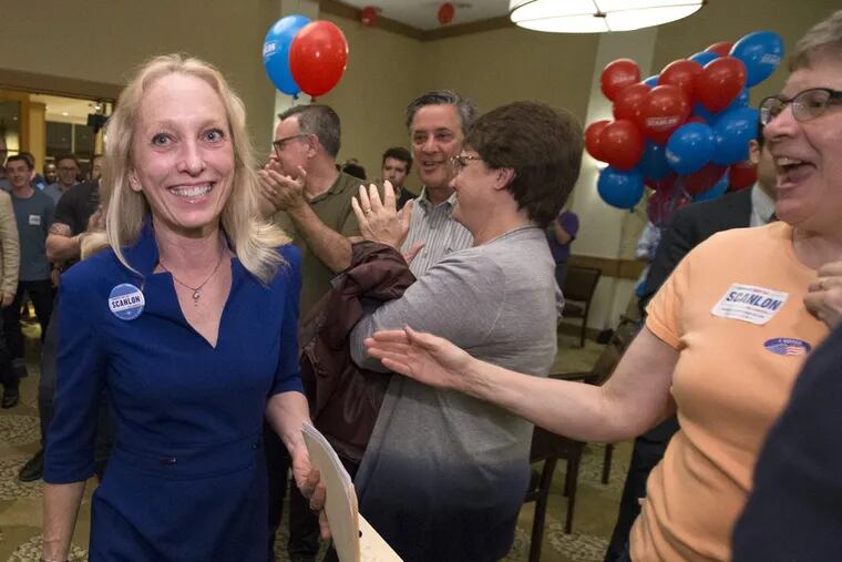 Mary Gay Scanlon, at her victory party in Swarthmore, won the Democratic nomination in Pennsylvania’s newly configured Fifth District. Her race is among several which have Democrats encouraged about their fall prospects.